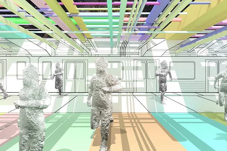 Colorful digital rendering of a subway car interior with wire-frame human figures and rainbow-hued ceiling panels creating a contemporary immersive space.