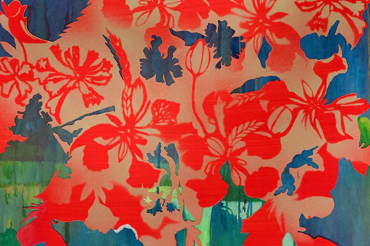 Abstract mixed-media painting with bold red flowers and dark blue foliage on tan background, featuring gestural brushstrokes and layered composition.