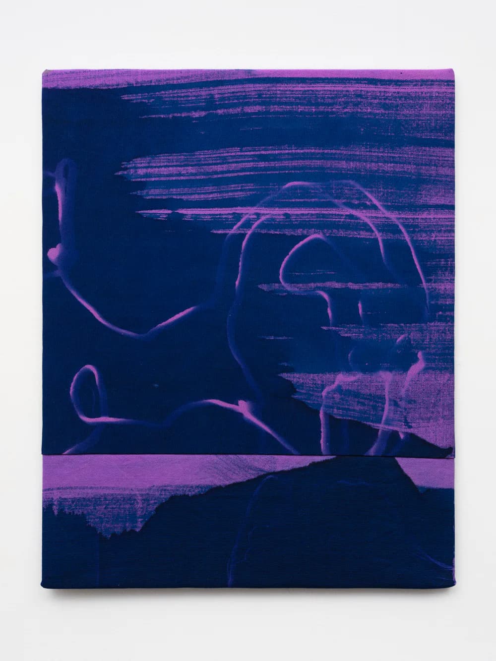 Abstract print with horizontal composition: upper portion shows magenta gestural marks and horizontal lines on dark navy; lower section features solid black and magenta color blocks.