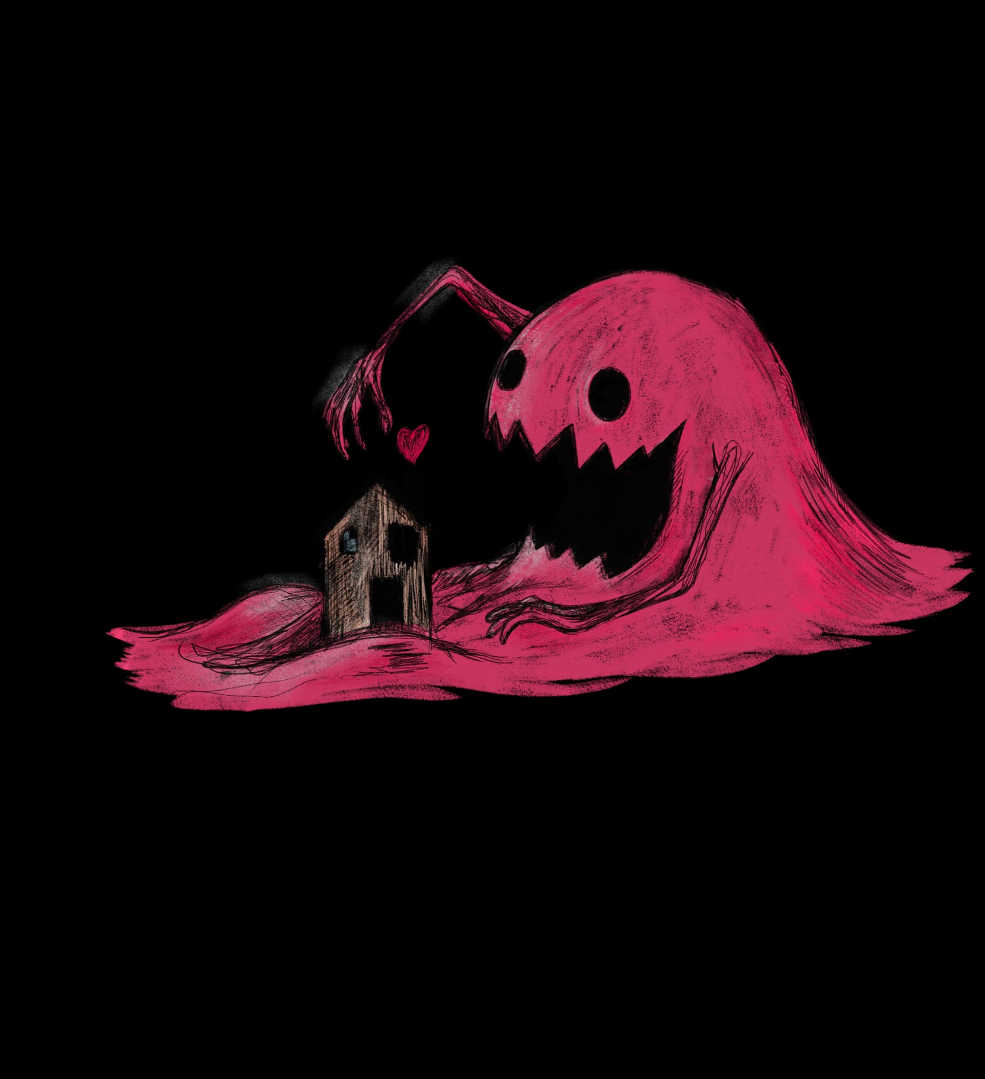 Pink monster creature looming over a small house with a heart, dark background