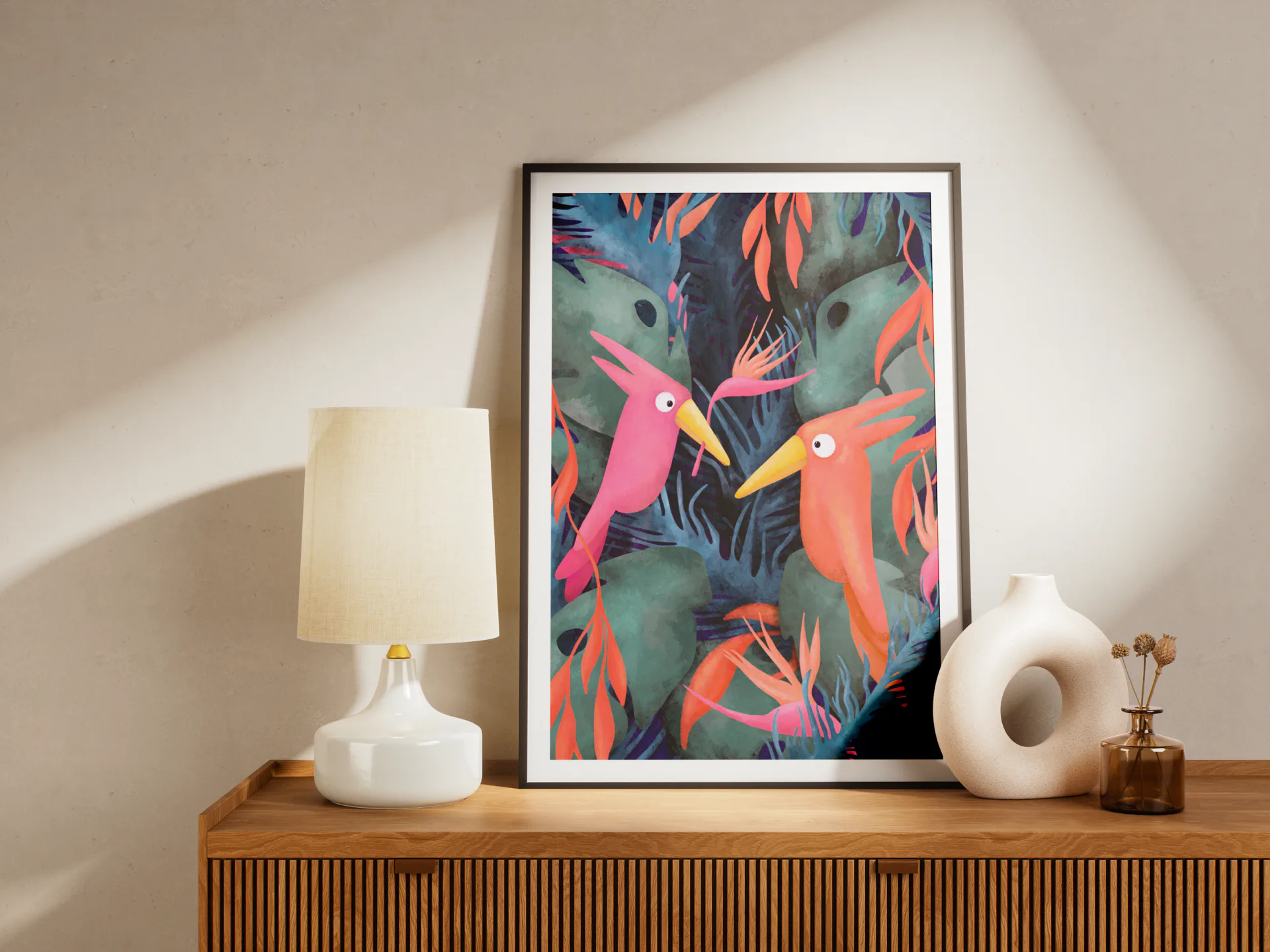 Two colorful tropical birds among lush jungle foliage, framed print mockup