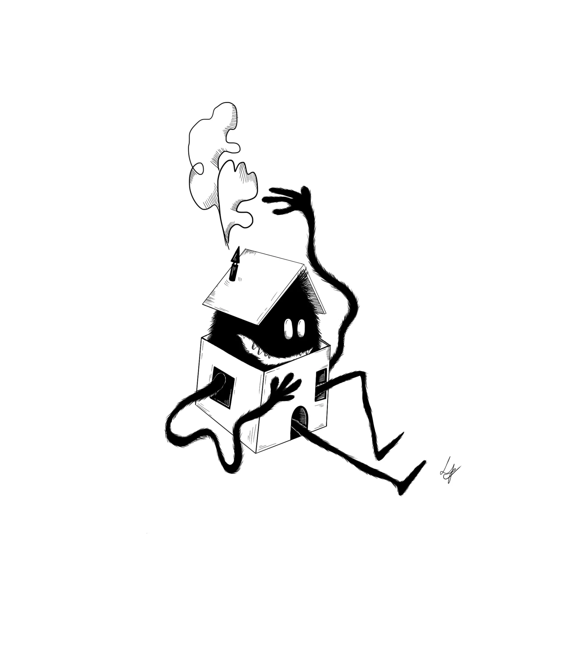 Black ink illustration of a monster inhabiting a running house with legs