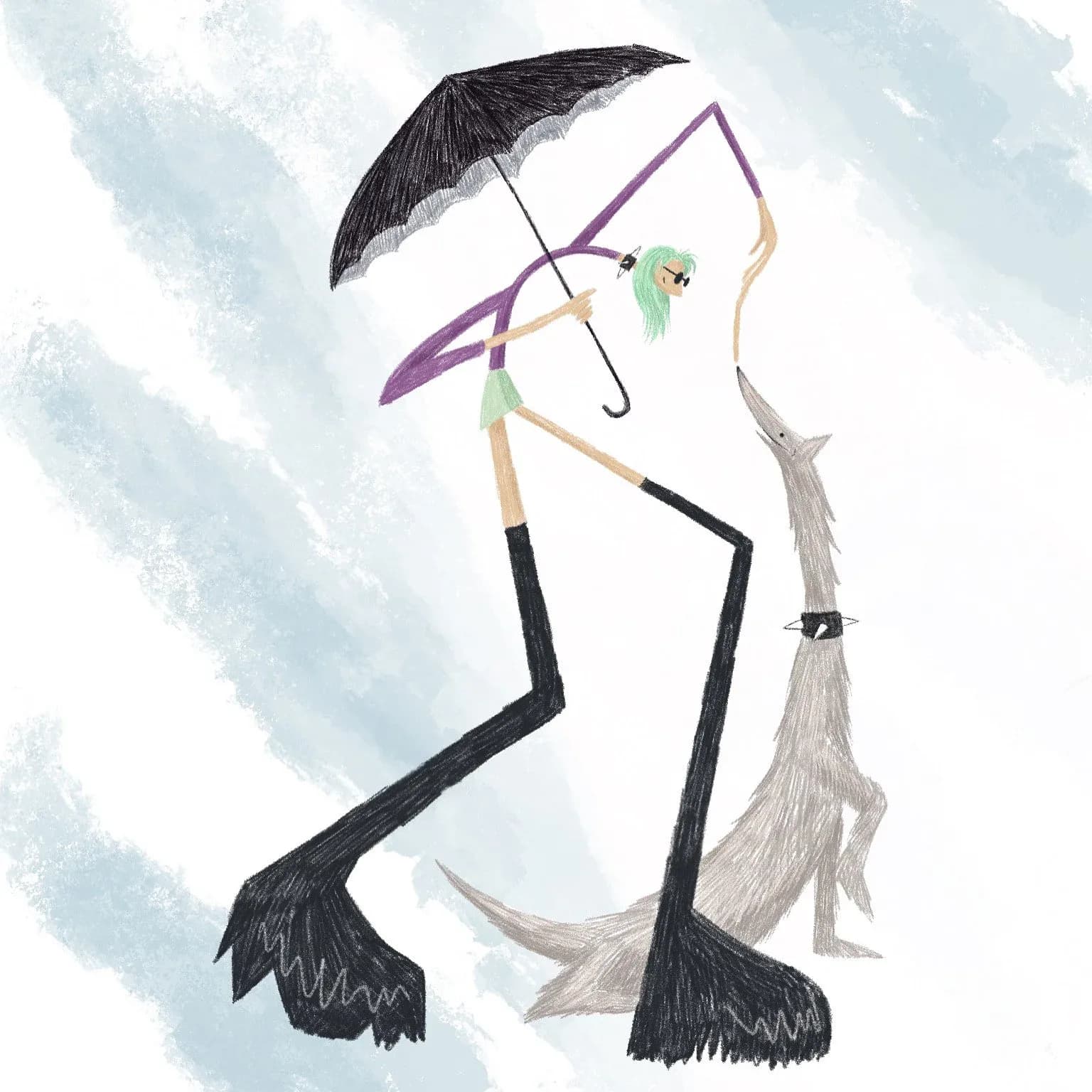 Elongated stylized figure with umbrella and greyhound dog, whimsical illustration