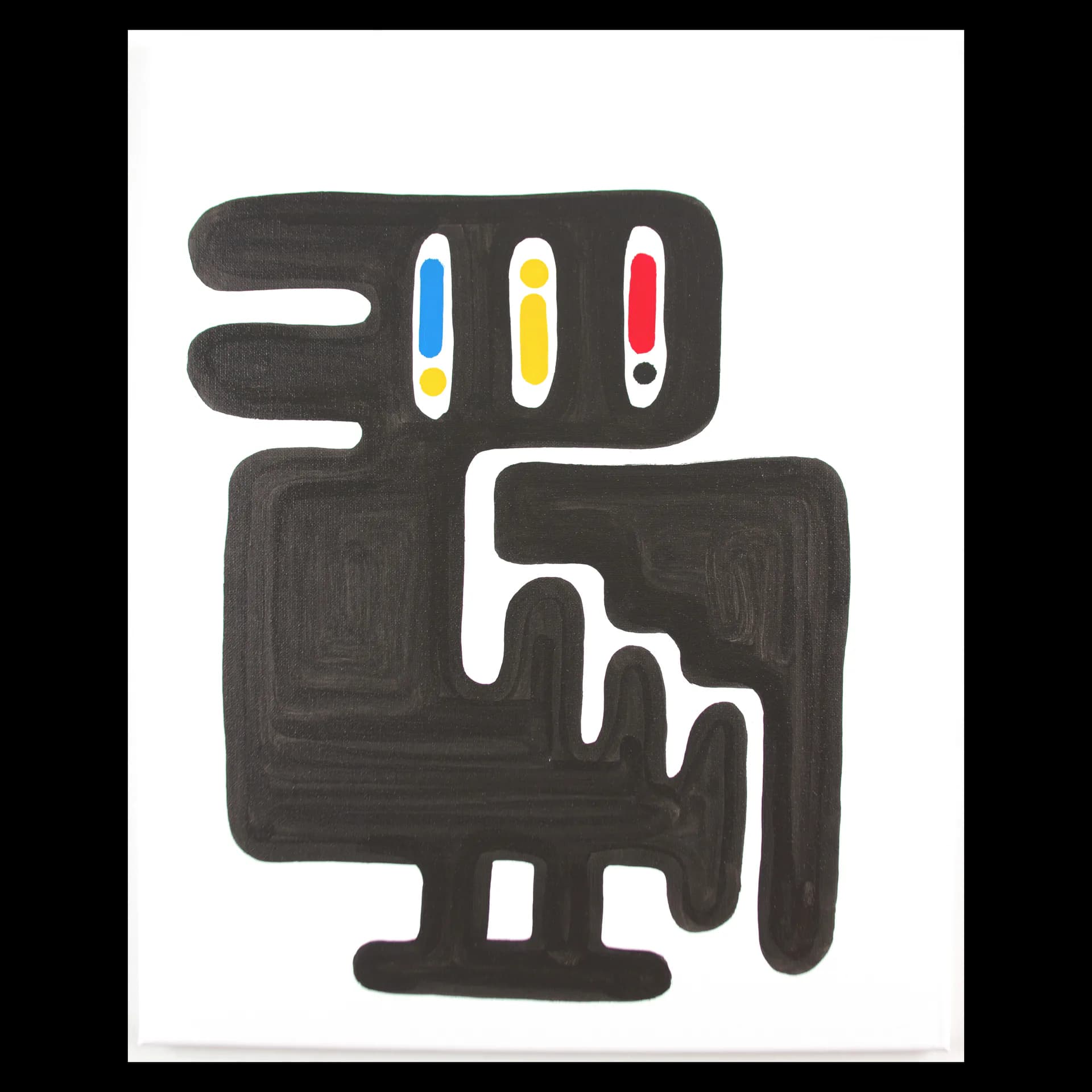 Abstract black figure with labyrinthine body and primary color accents on white canvas