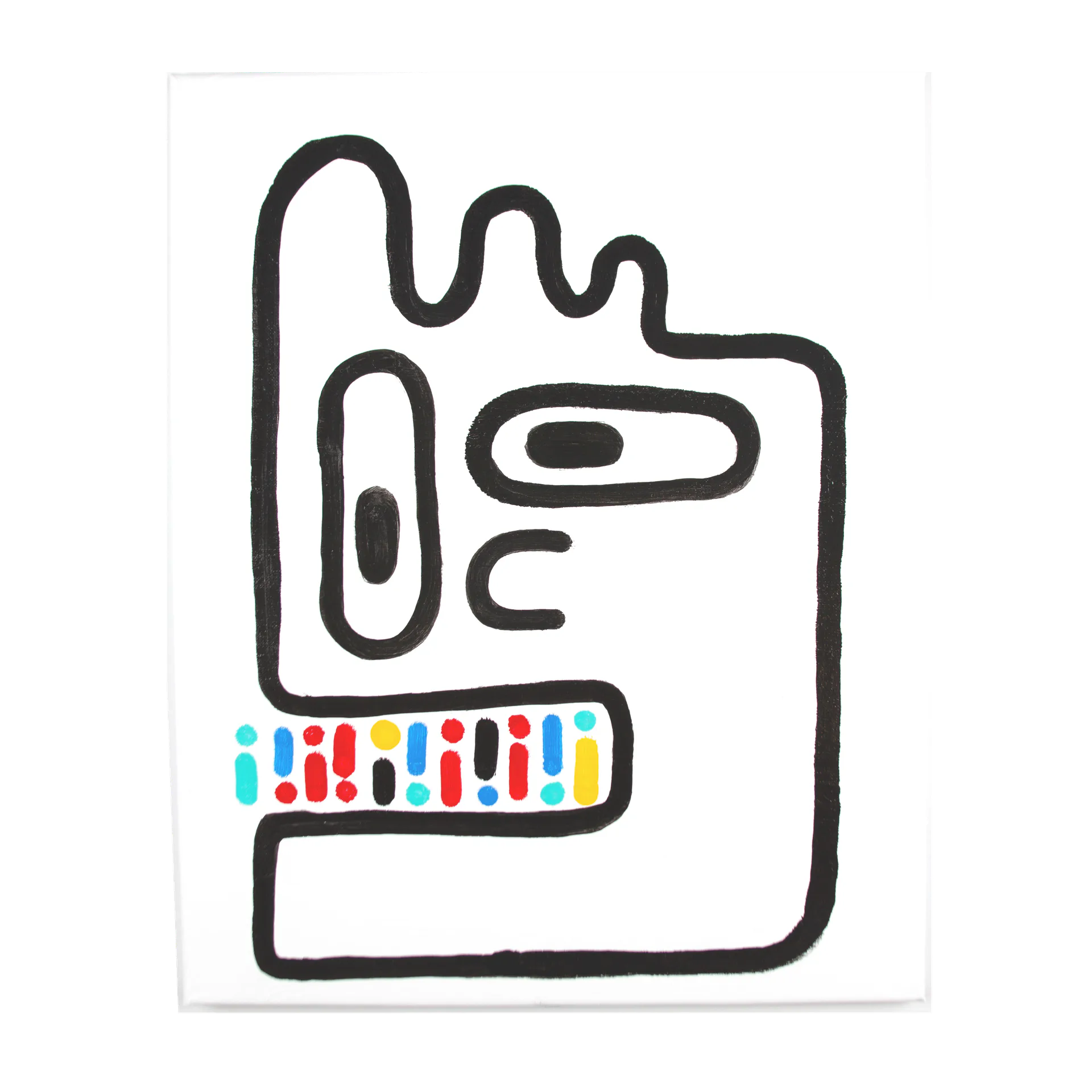 Abstract black outline figure with wavy top and colorful dot-dash elements on white canvas