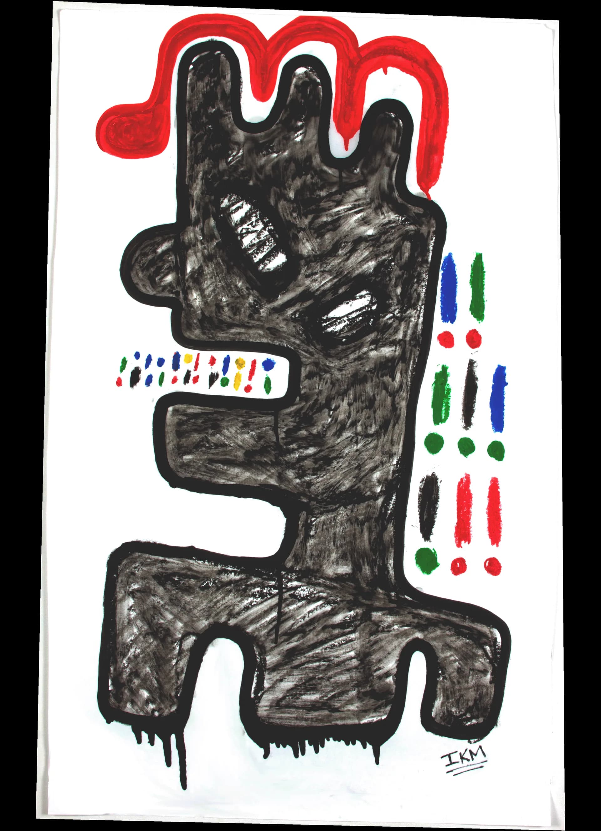 Large dark textured figure with red crown motif and colorful dash marks on white paper