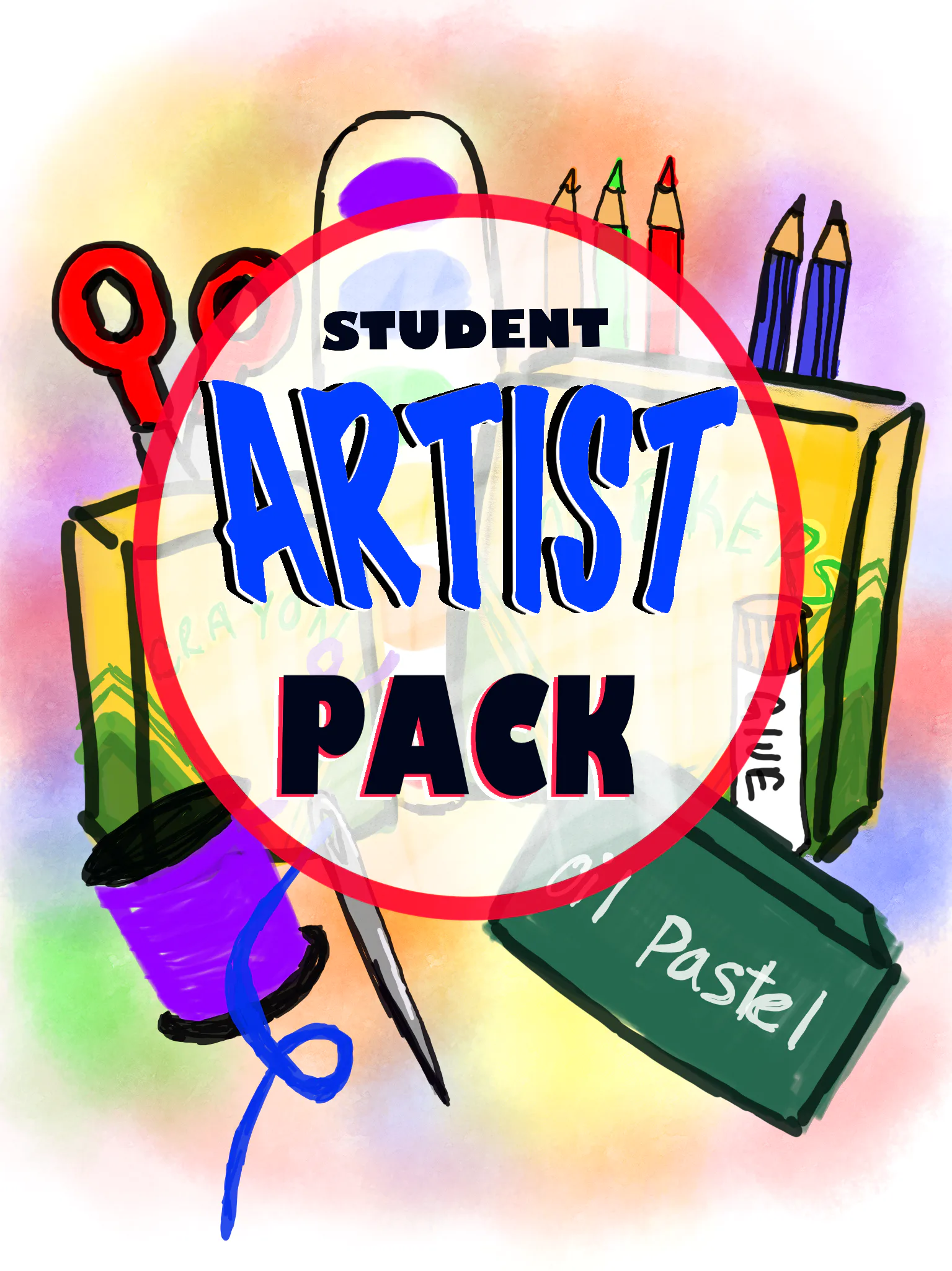 Colorful graphic design announcing 'Student Artist Pack' surrounded by art supplies: colored pencils, scissors, pastels, and paintbrushes on gradient background.