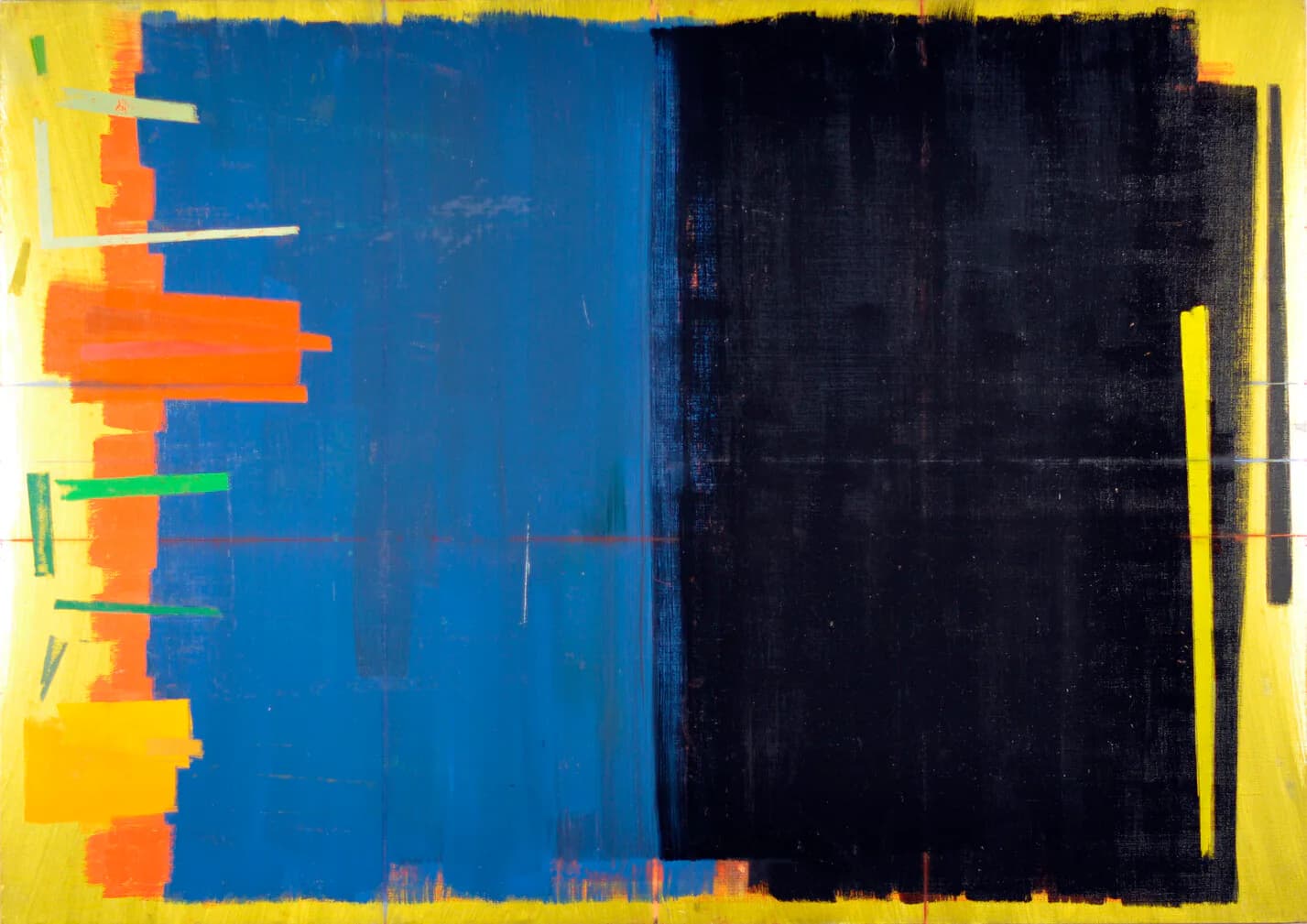 Large abstract painting with blue and black color fields on yellow ground, orange and green gestural marks