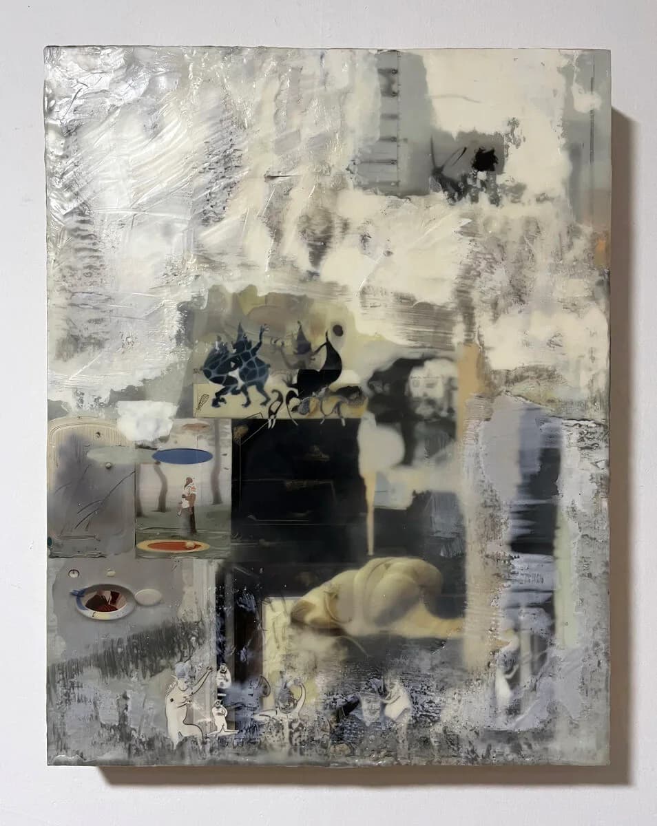 Large mixed-media painting on canvas with layered photographic imagery of street scene, figures, and botanical elements