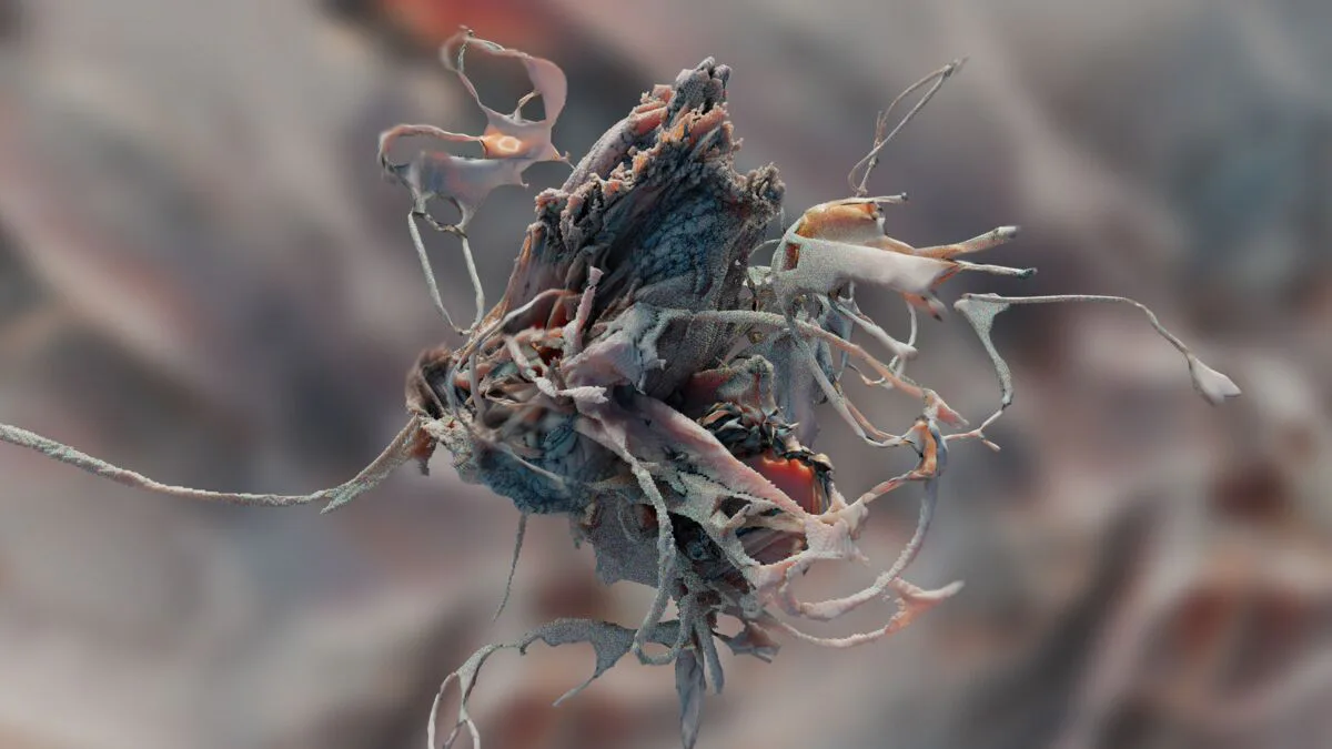 Flesh-toned 3D rendered organic mass with splashing tendrils against smoky background