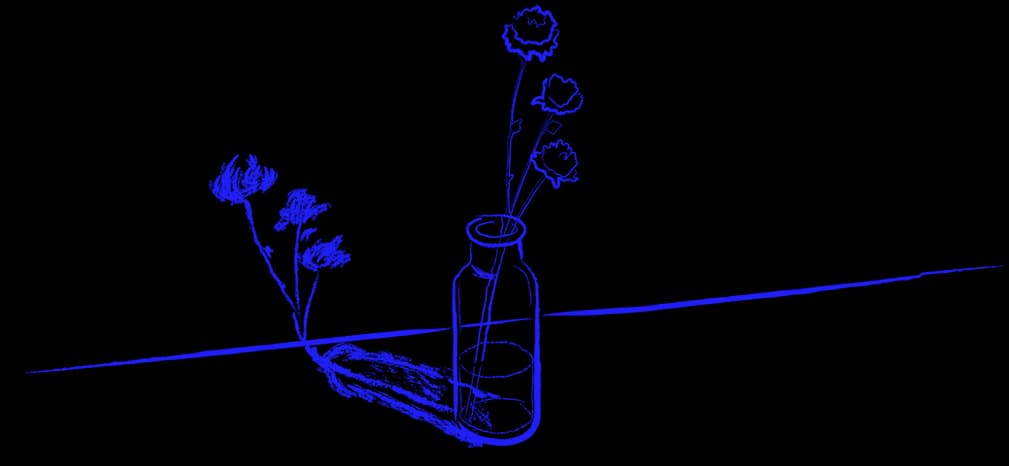 Blue line drawing of flowers in a glass bottle on a dark background