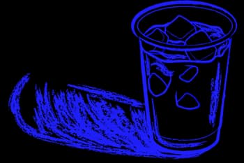 Blue line drawing of an iced drink cup on a dark background