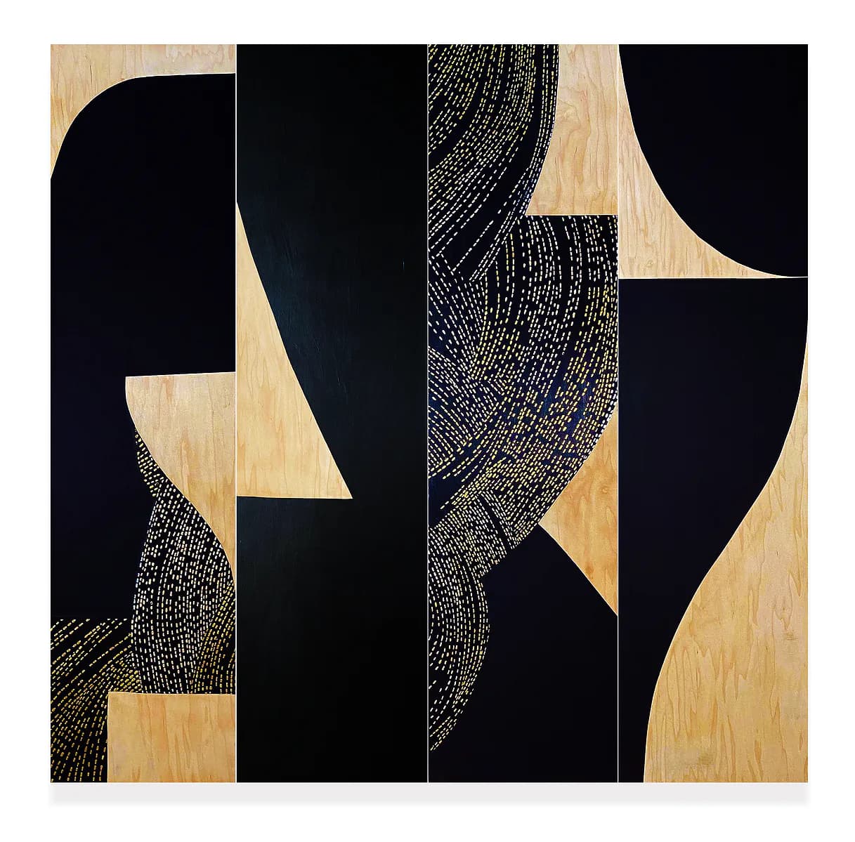 Abstract four-panel work on wood with bold black and natural wood grain shapes and gold dotted flowing lines