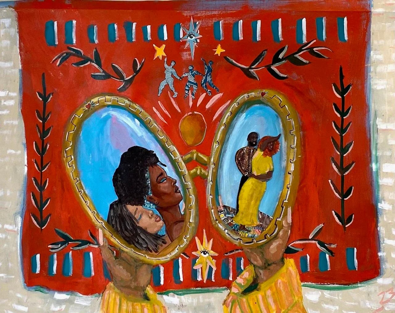 Figure holding two oval mirrors reflecting Black woman and couple against vibrant red background with botanical motifs