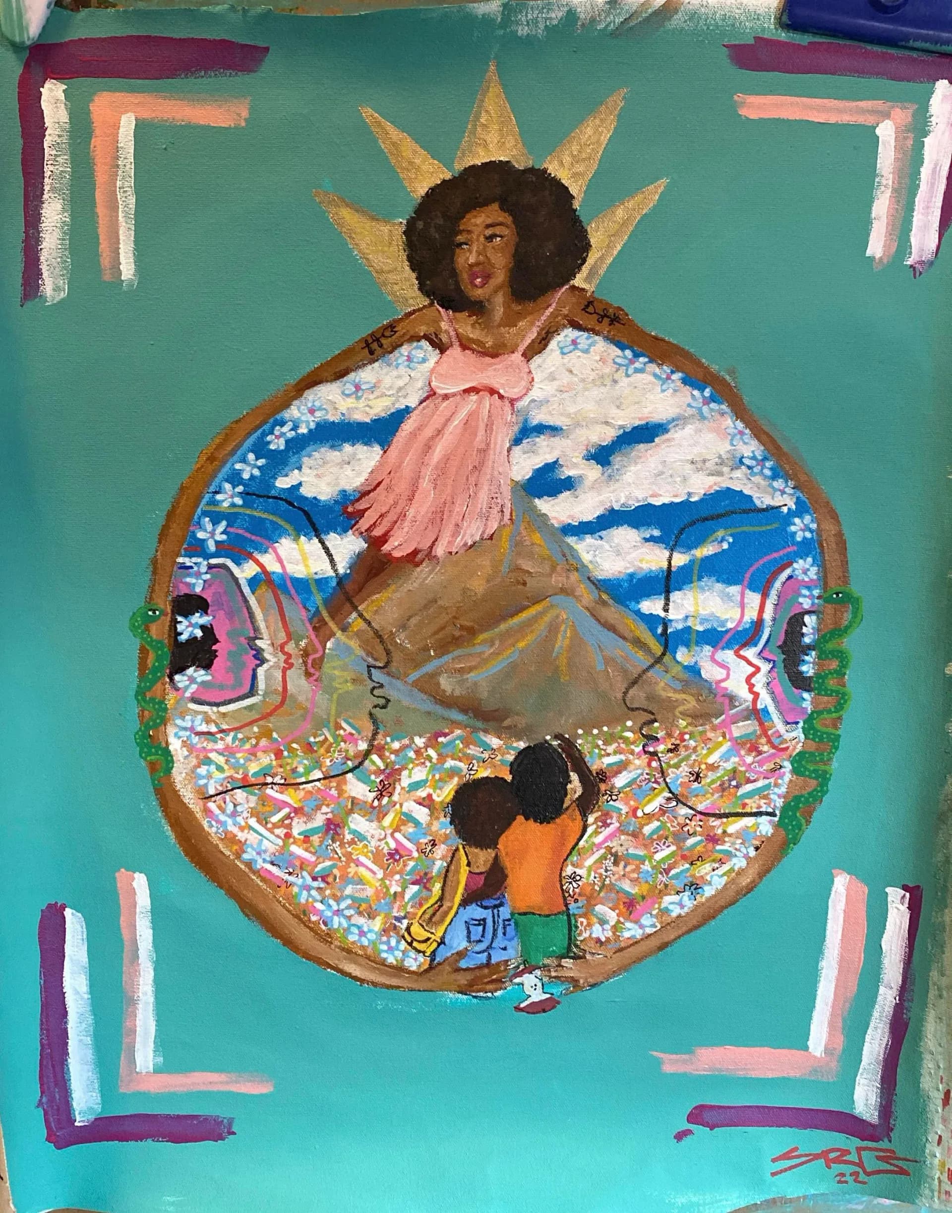 Black woman with golden sun halo inside circular composition with children below on a teal background