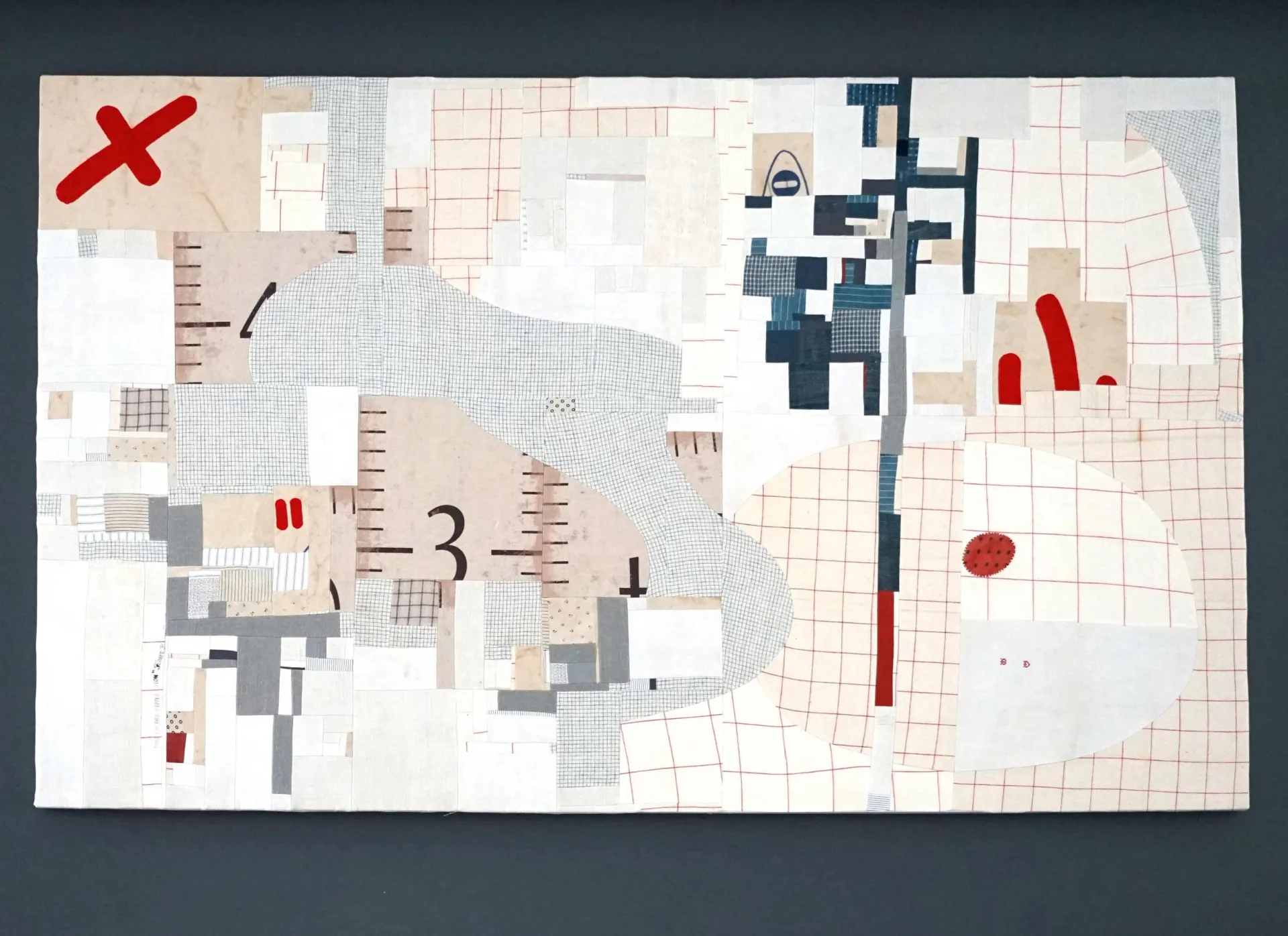Abstract collage with gridded background, geometric shapes in gray, blue, and red, plus numbered elements and linear marks in mixed media.