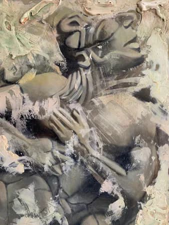 Textured plaster relief sculpture featuring draped classical figure with loose, expressive brushwork in neutral tones.