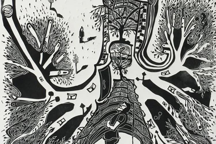 Black and white woodcut or linocut print featuring intricate organic and architectural forms radiating from center, with detailed linework and high contrast.