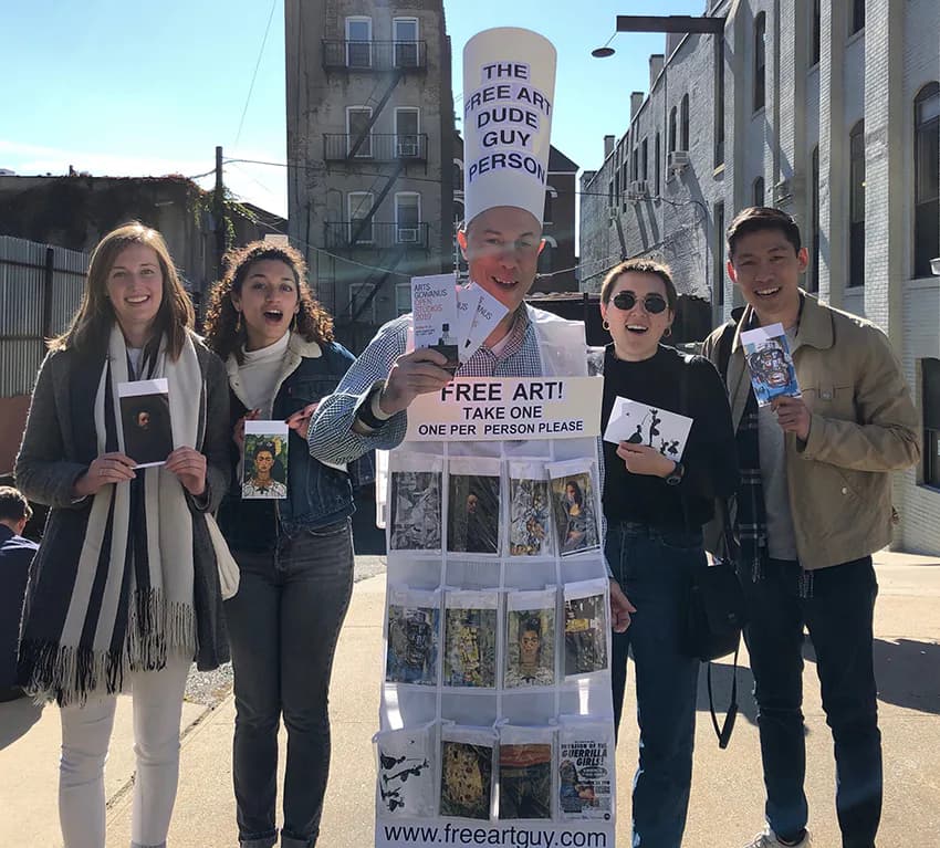 Free Art Dude Guy Person distributing free art postcards to community members at Gowanus Open Studios