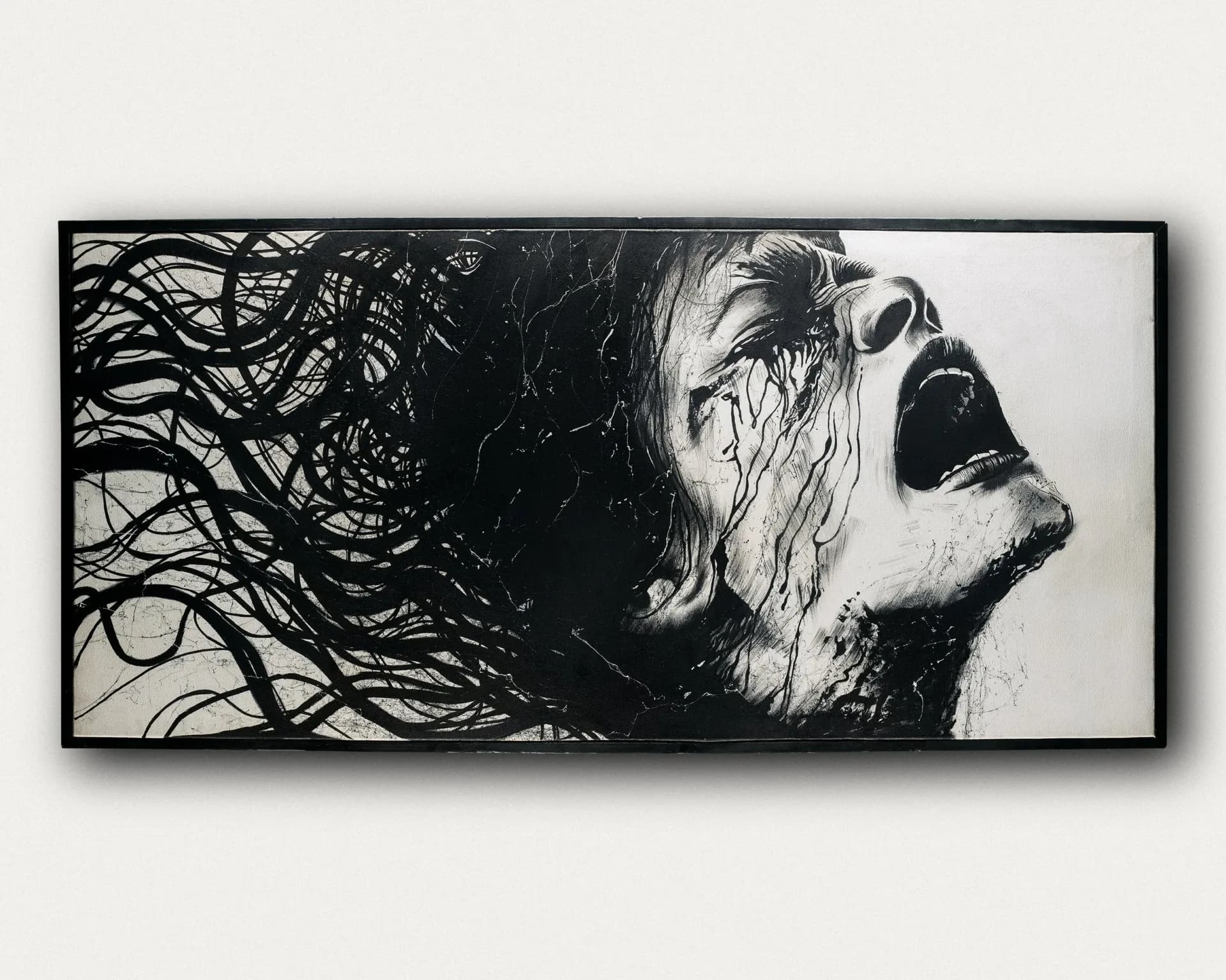 Black and white painting of a screaming figure with wild tangled hair, dramatic ink drips