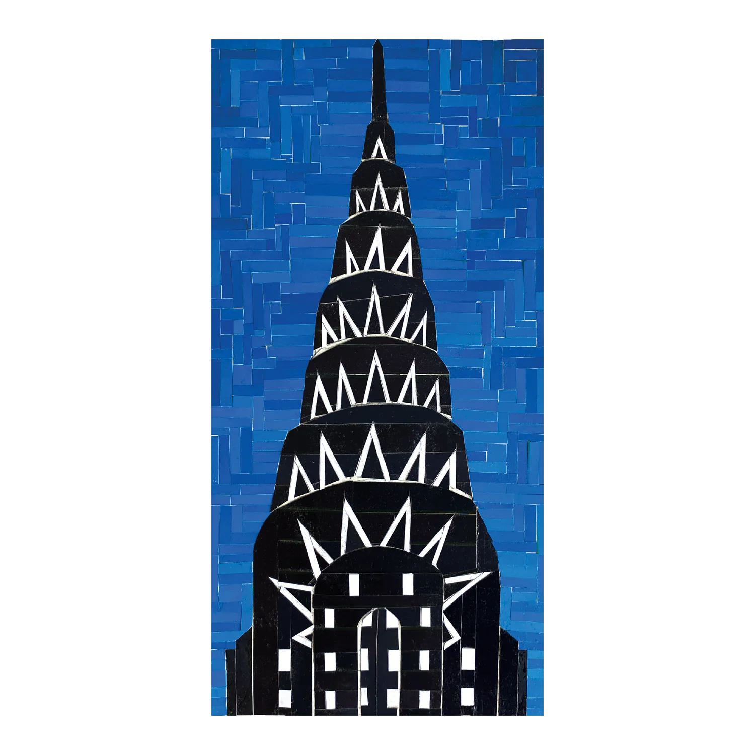 Mosaic artwork of the Chrysler Building spire in black and white against a deep blue tiled background