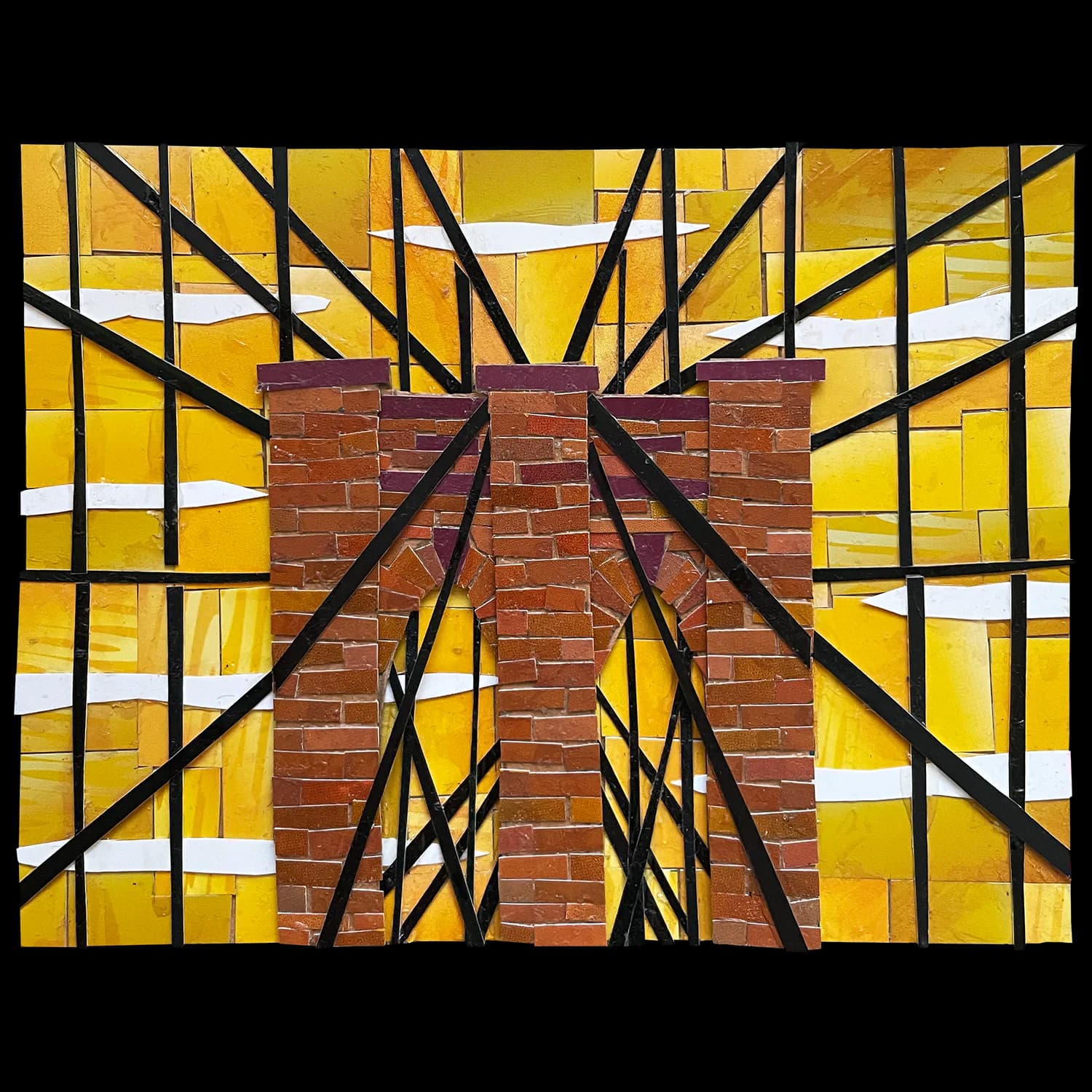 Mosaic of Brooklyn Bridge towers in warm golden-yellow tones with black cable lines