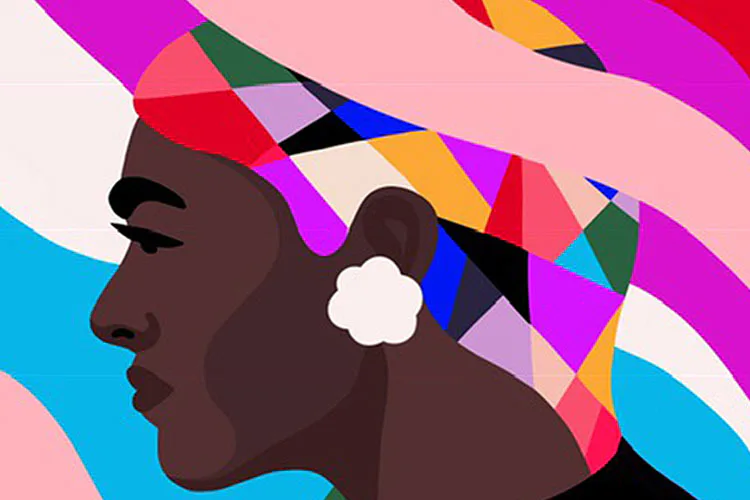 Profile of a dark-skinned person wearing white cloud-shaped earrings against a vibrant abstract background of geometric shapes in magenta, cyan, yellow, and pink.