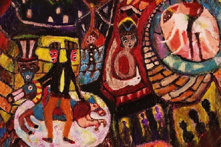 Vibrant mixed-media painting with overlapping figures in red, yellow, and blue, featuring stylized human forms and geometric shapes with expressive brushwork.
