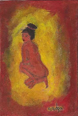 Oil or acrylic painting of a pregnant figure in red tones centered against a glowing yellow background, signed 'osedra'.