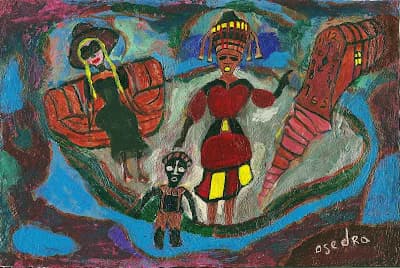 Expressive mixed-media painting with three stylized figures in red and yellow against blue background, featuring bold outlines and decorative patterning.
