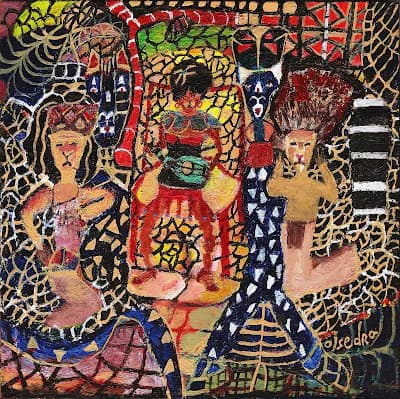 Dense, intricate painting with multiple human figures and faces in warm tones against patterned backgrounds of stripes and geometric shapes, signed 'osedra'.