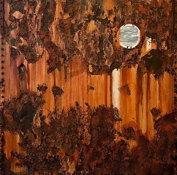 Abstract mixed media painting with rust-textured surface and circular porthole window revealing cloudy sky