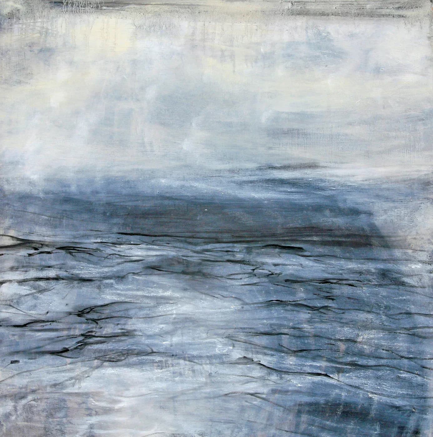 Abstract seascape painting in blue-grey tones with textural wave-like marks