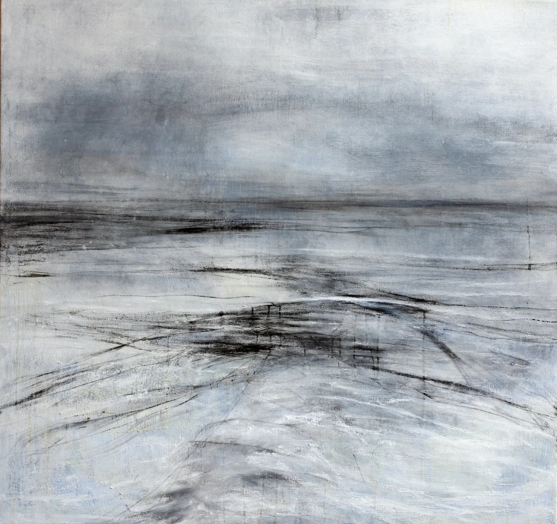 Minimalist abstract landscape in silvery grey with delicate charcoal-like linear marks