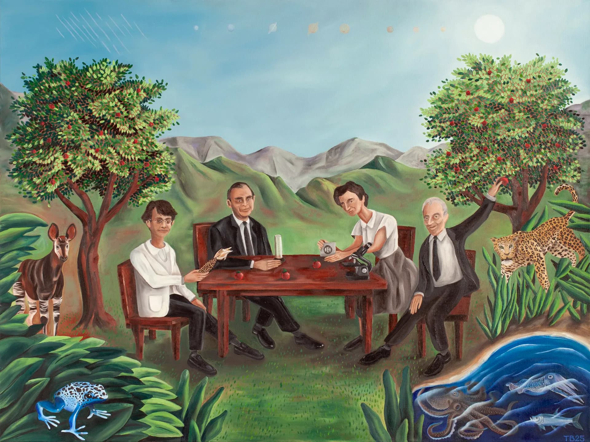 Naive-style painting of four scientists seated at a table in a lush jungle landscape with exotic animals