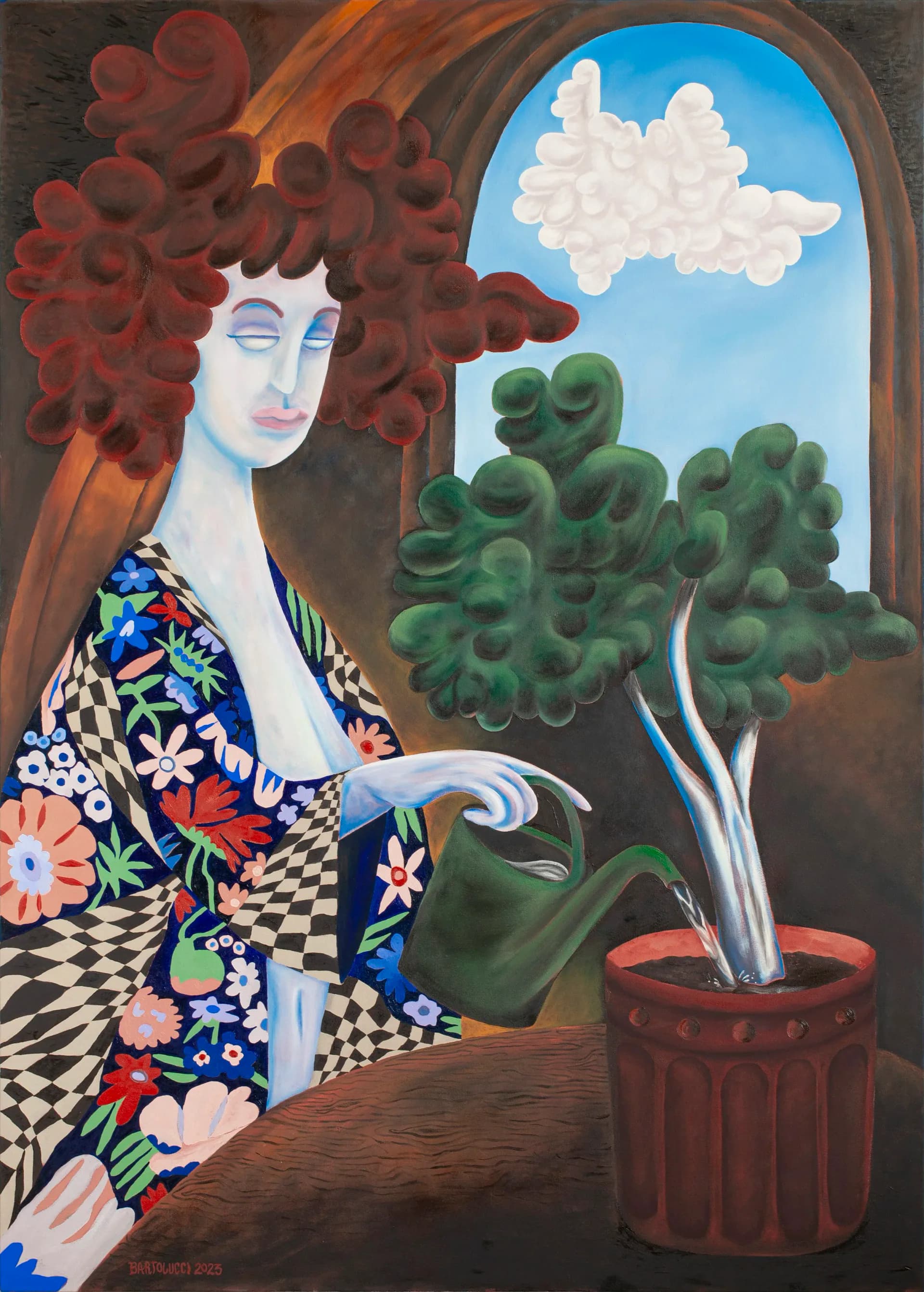Surrealist portrait of a woman with red curly hair watering a potted tree, wearing a floral-checkered robe