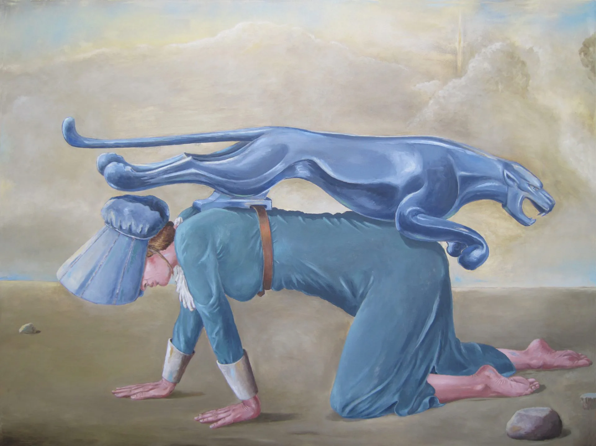 Surrealist painting of a woman on all fours with a blue panther leaping across her back in a desert landscape