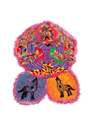 Vibrant tufted textile sculpture with cosmic and figurative imagery on black background