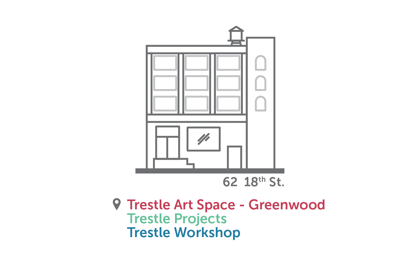 Line drawing of a three-story building at 62 18th St with storefront windows, labeled Trestle Art Space - Greenwood, Trestle Projects, and Trestle Workshop.