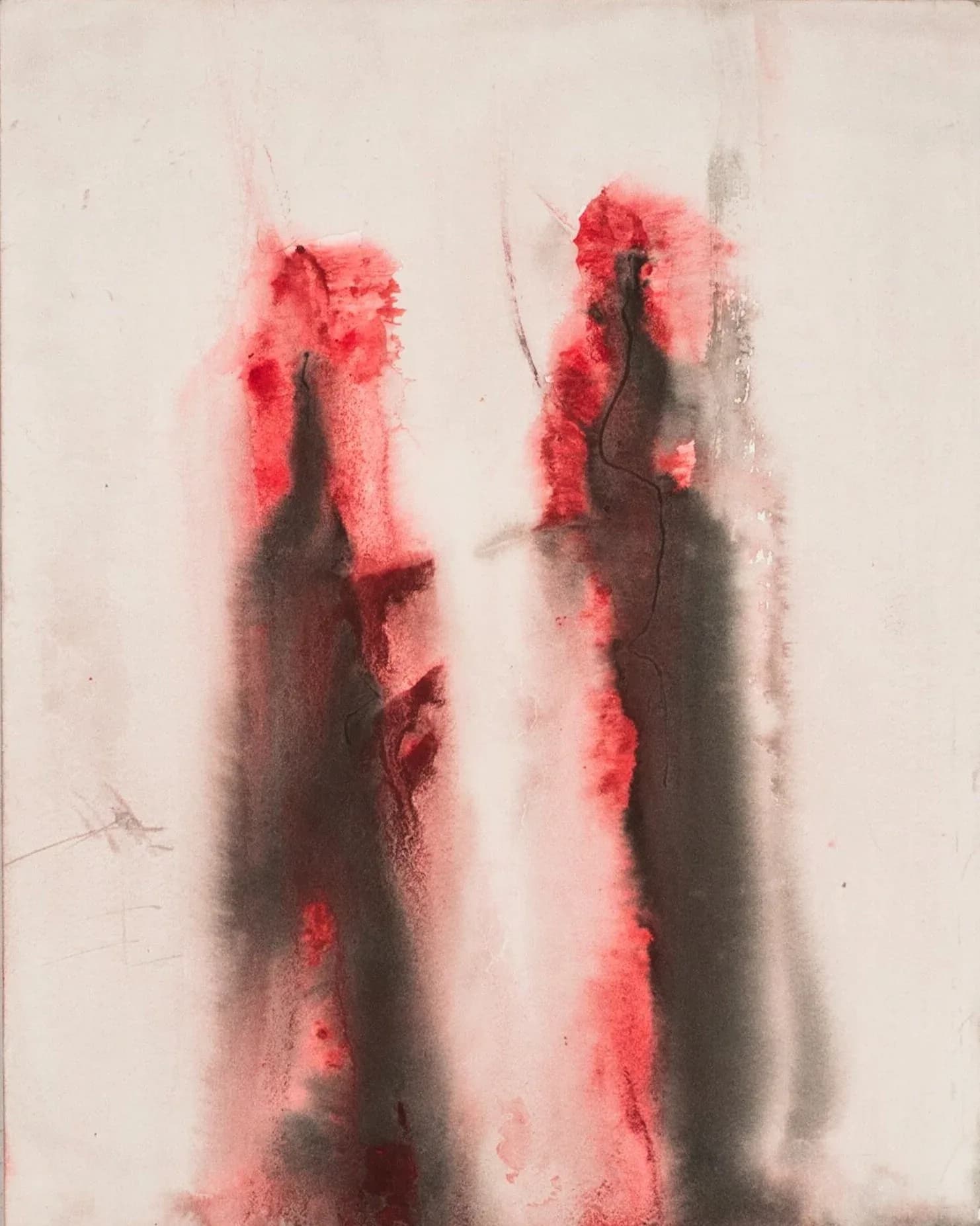 Abstract watercolor with two red and black vertical figure-like forms on pale ground