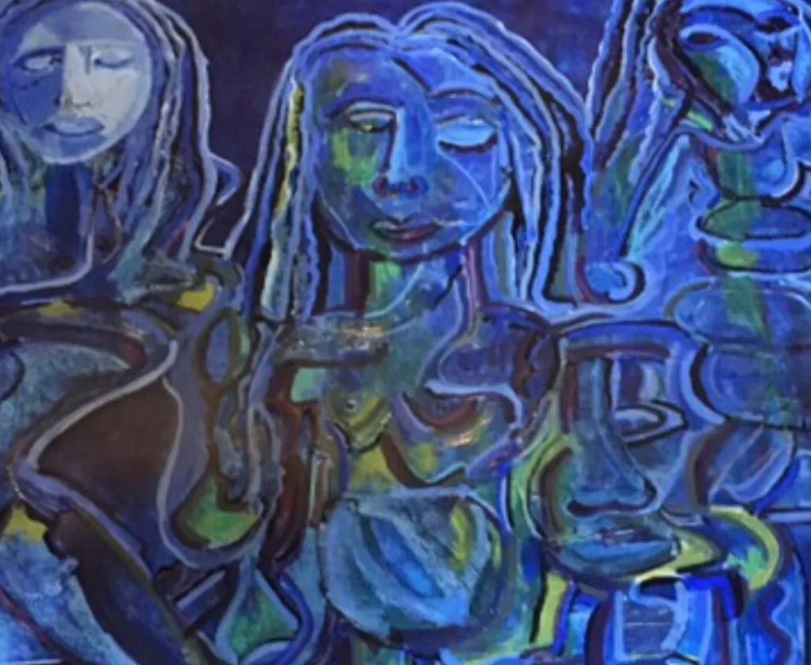 Abstract portrait painting depicting three stylized faces in deep blues and greens with expressive linear features.