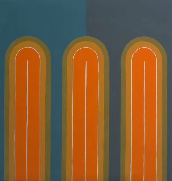 Two orange arch forms on teal and grey split background, hard-edge abstract painting