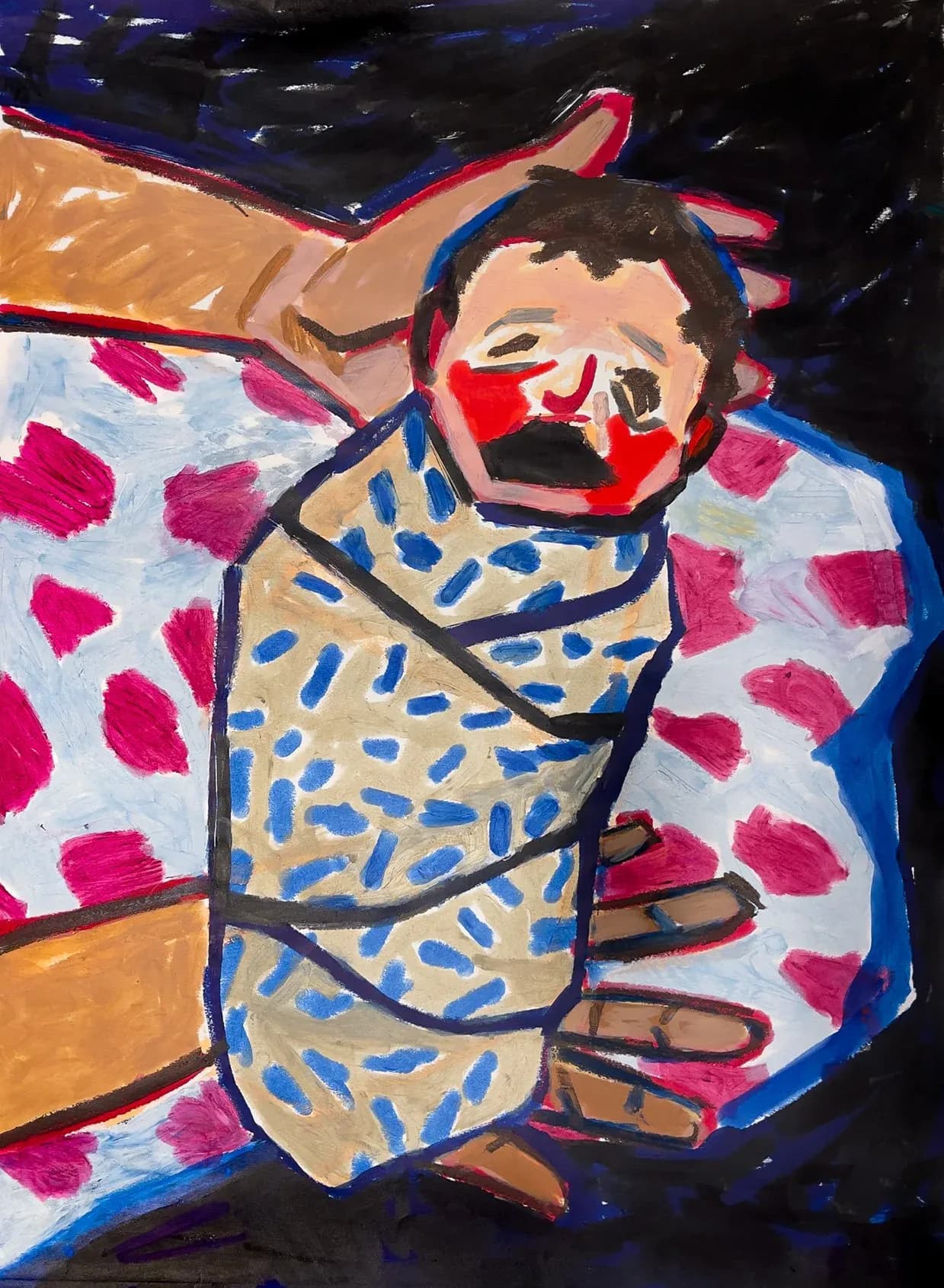 Expressionist painting of two grieving figures in blue tones holding a tiny infant