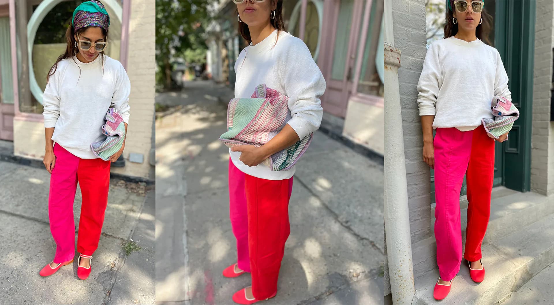 Three street-style photos of a person wearing a white long-sleeve top, hot pink cotton pants, and a multicolored woven clutch in various poses and settings.