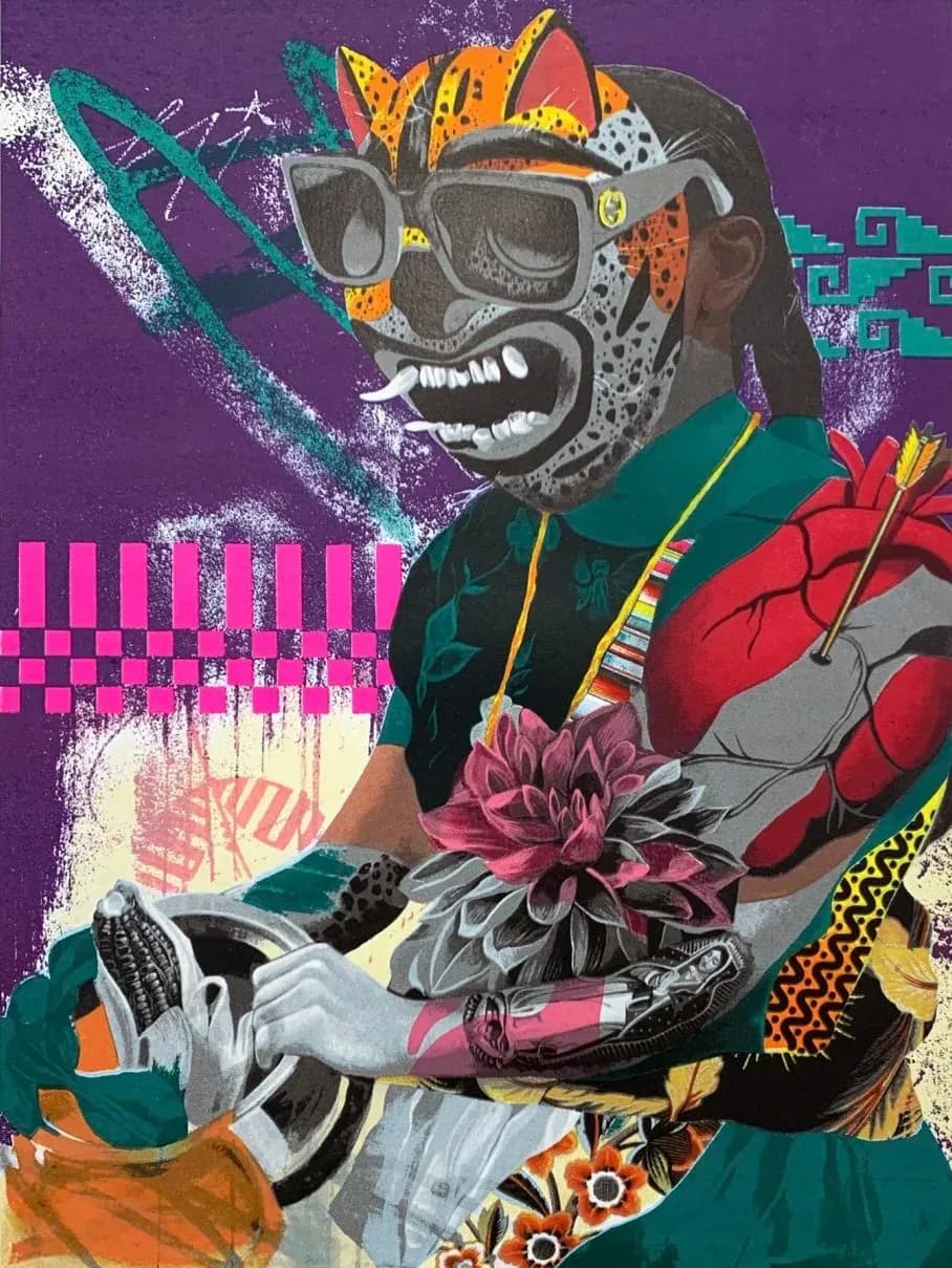 Mixed-media painting of a figure wearing a jaguar mask and Gucci sunglasses holding a lotus flower and anatomical heart with arrows, purple background