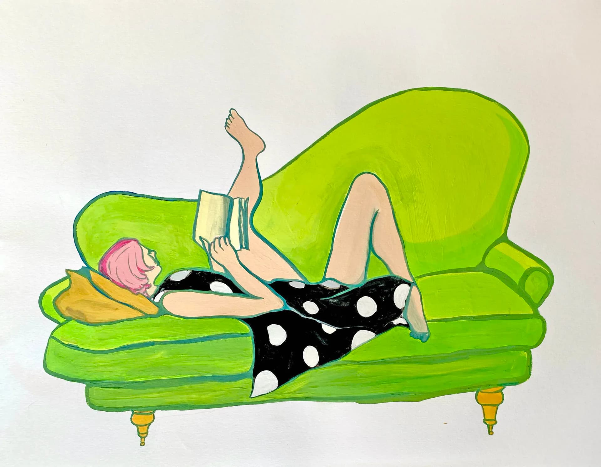 Colorful painting of two women conversing on a green sofa