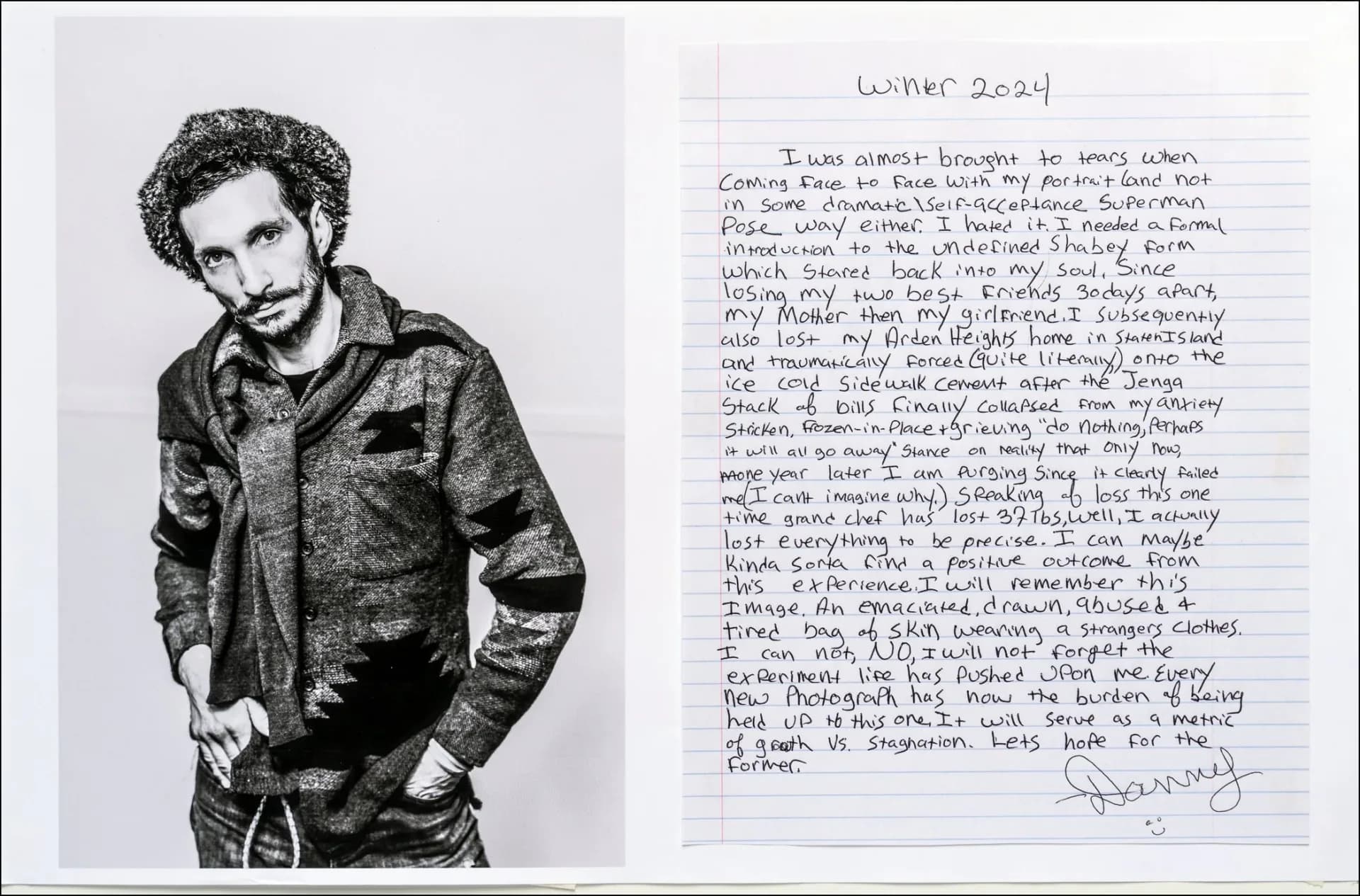 Portrait of Danny paired with handwritten personal statement, black and white photography and text artwork
