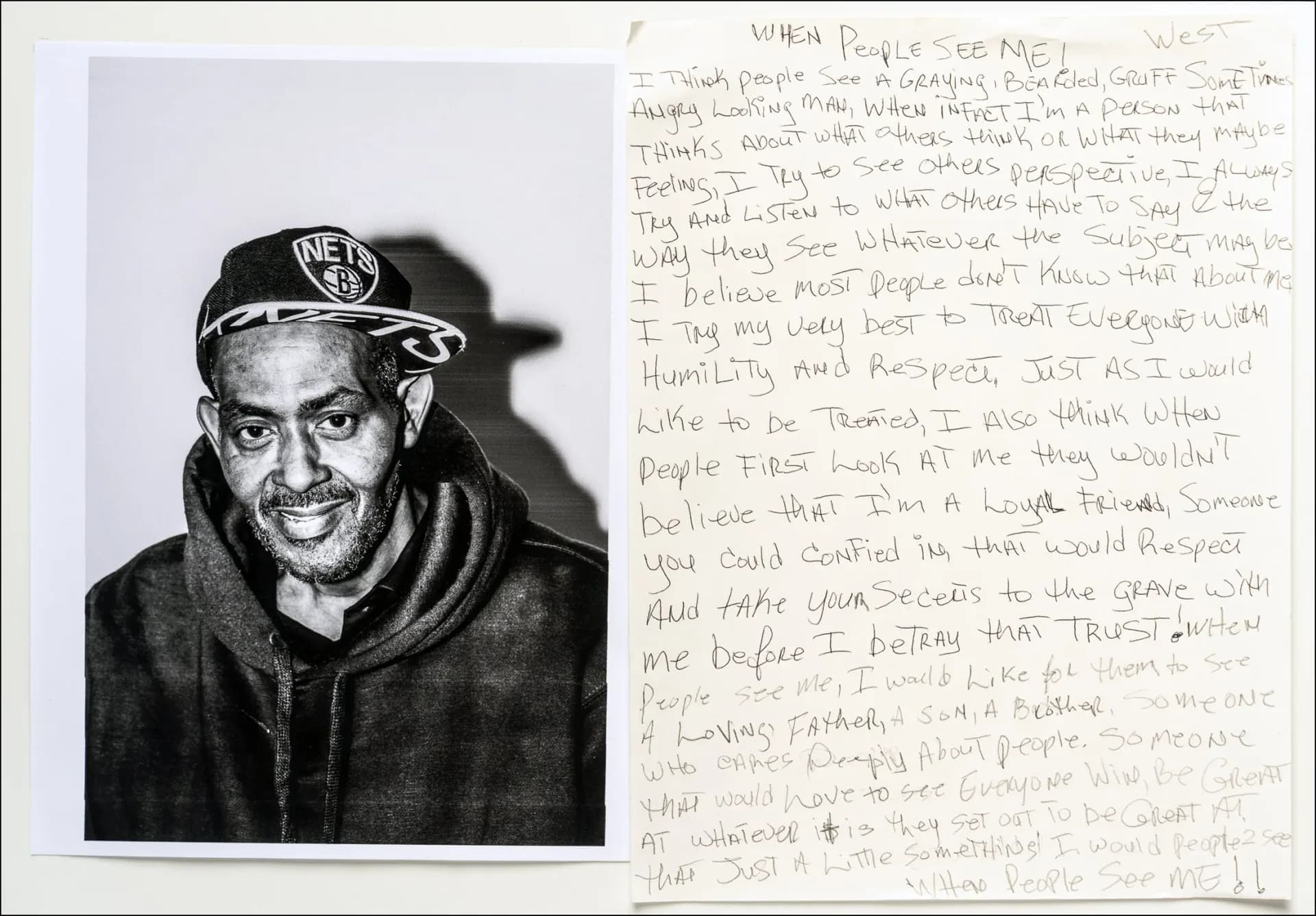 Portrait of West with handwritten personal reflection, black and white diptych artwork