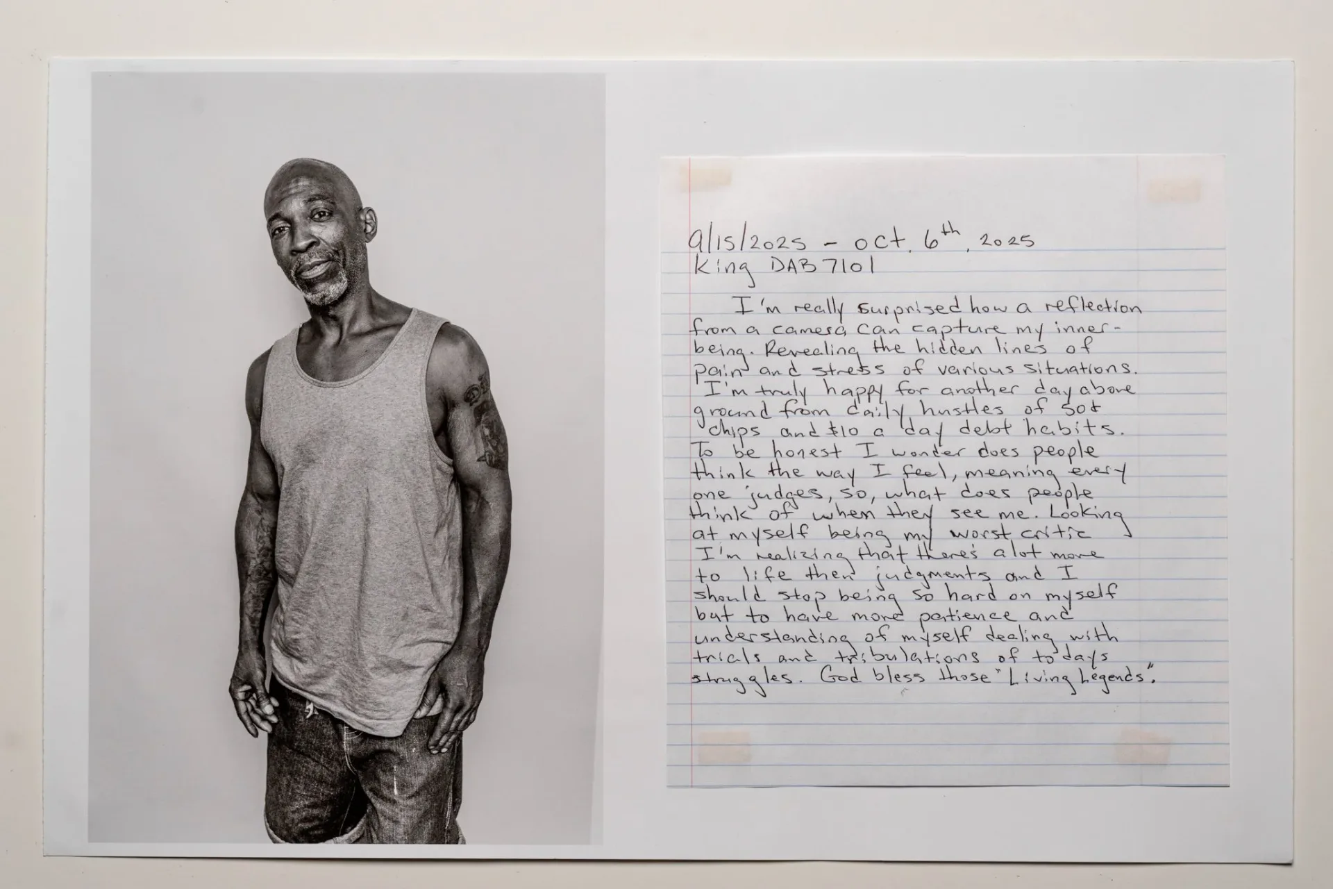 Portrait of King DAB with handwritten statement, black and white portrait and text artwork
