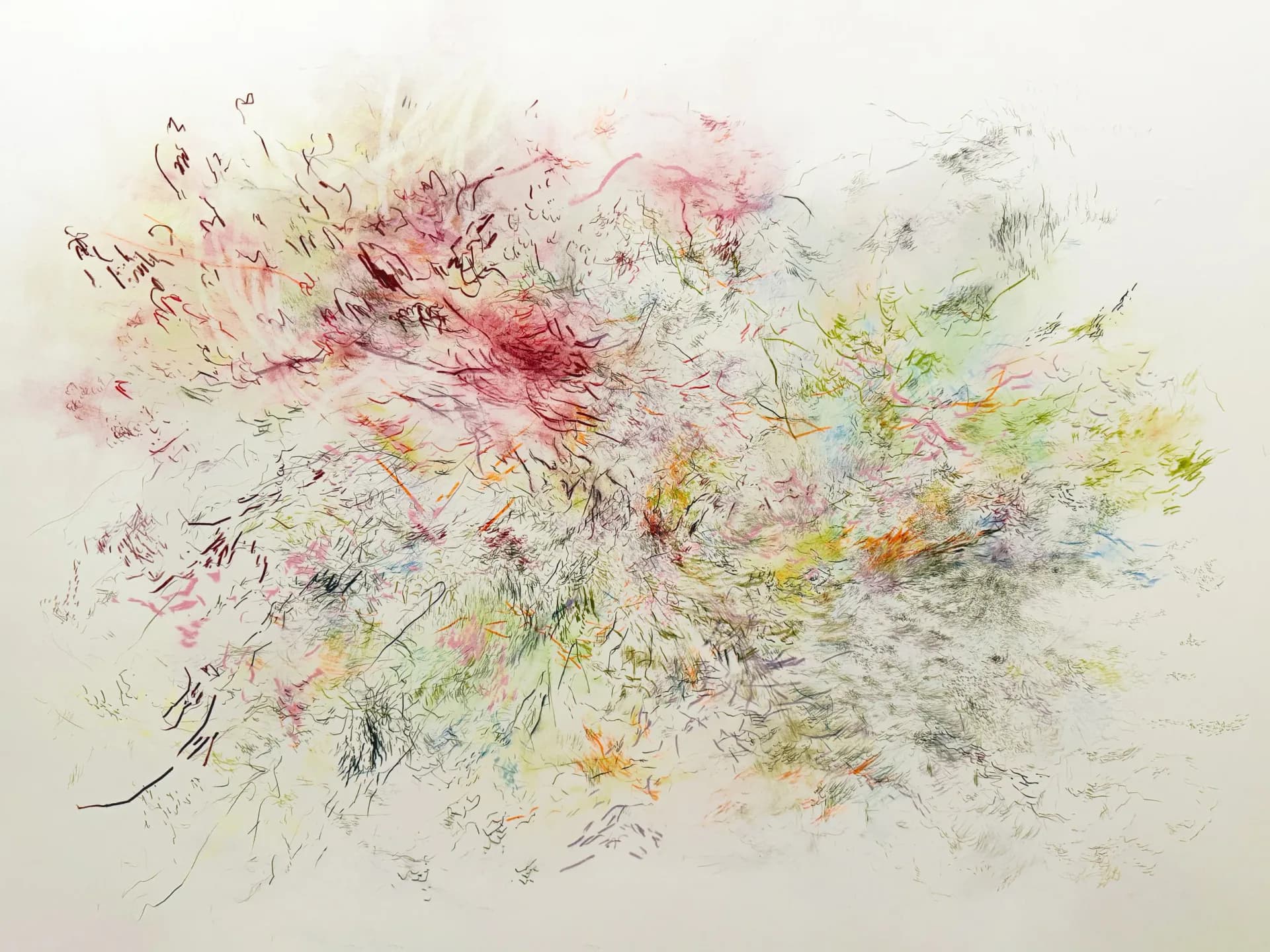 Abstract mixed-media drawing with colorful gestural marks on white paper